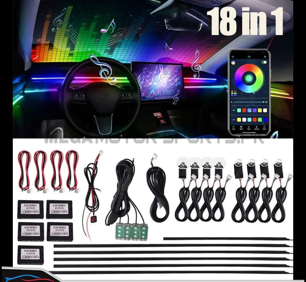Multicolor Music Controlled Sound Activated Car Interior Decoration Ambient Lighting Dream Color Lights with Mobile App Control for All Cars (18 in 1) - AutopartdealsAmbient Light
